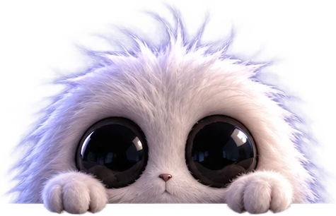 Moffu, a small white fluffy creature with huge black eyes, peeking over a ledge
