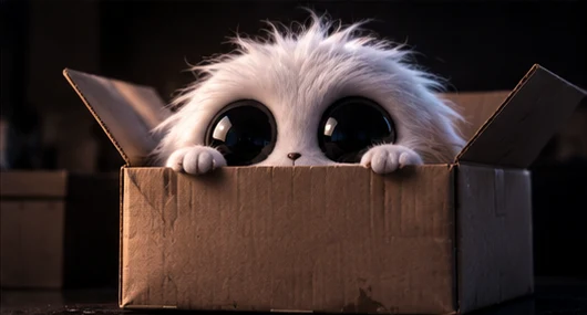 Moffu peeking out of a cardboard box