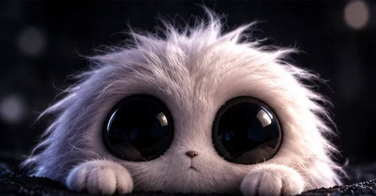 Close-up of Moffu's big black eyes