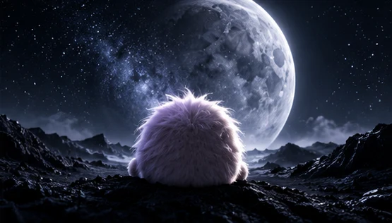 Moffu sitting on a rock, looking at a giant moon