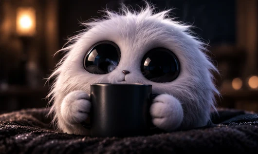 Moffu holding a black mug