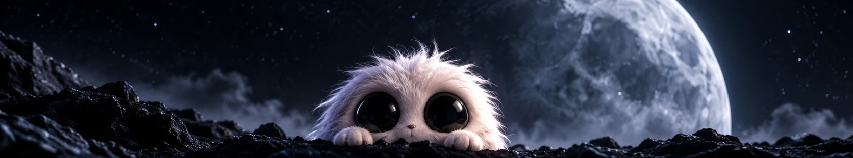 Moffu peeking over a dark lunar ridge, a huge moon behind him